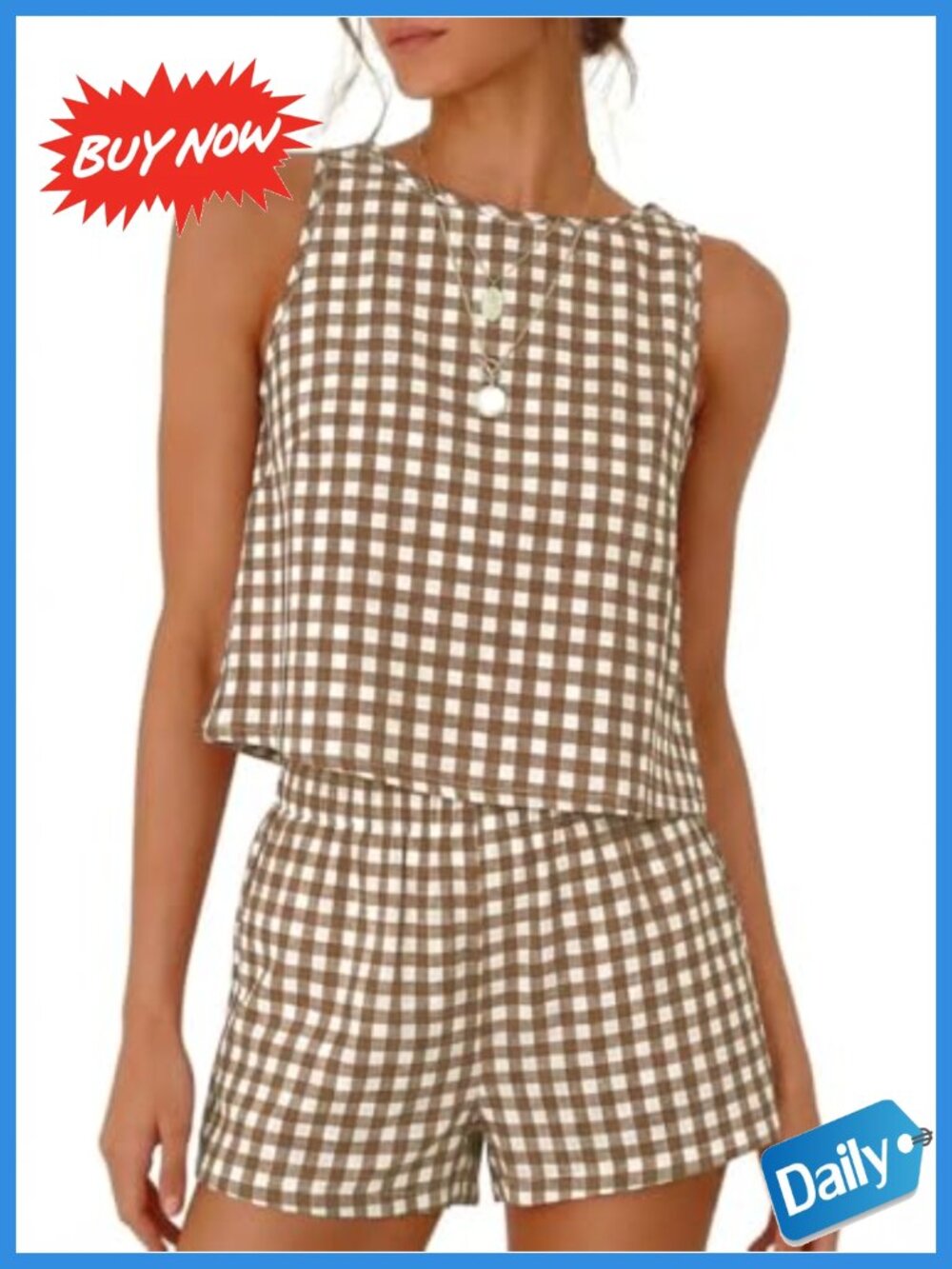 Gingham 2 Piece Short Set Cotton Tank Top Sleeveless Summer Outfit